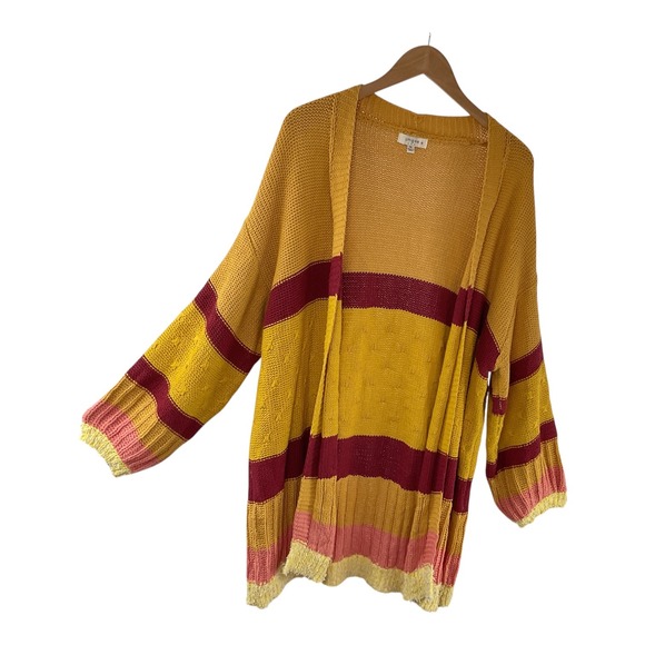 Umgee Yellow Knit Duster Cardigan Striped Open Front Bohemian Sweater - Picture 8 of 11